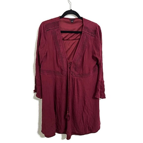 Torrid Dress Size 1/14-16 Women's Mini Gauze Lace Up Skater Maroon Long Sleeve - Picture 2 of 4